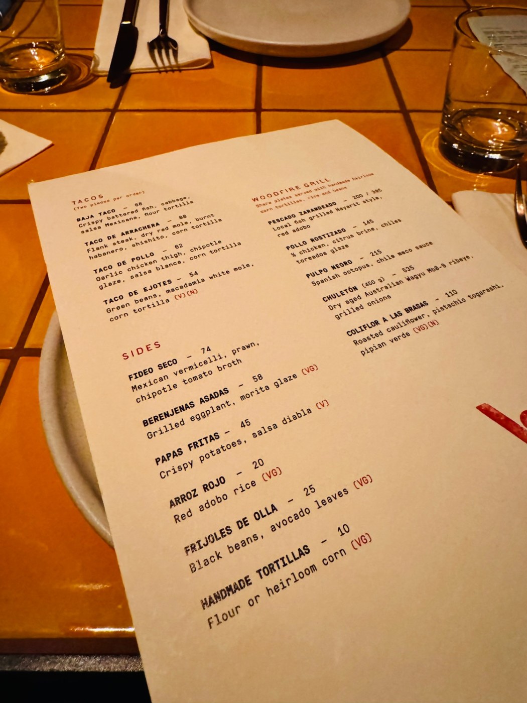 The menu — tacos & woodfire grill